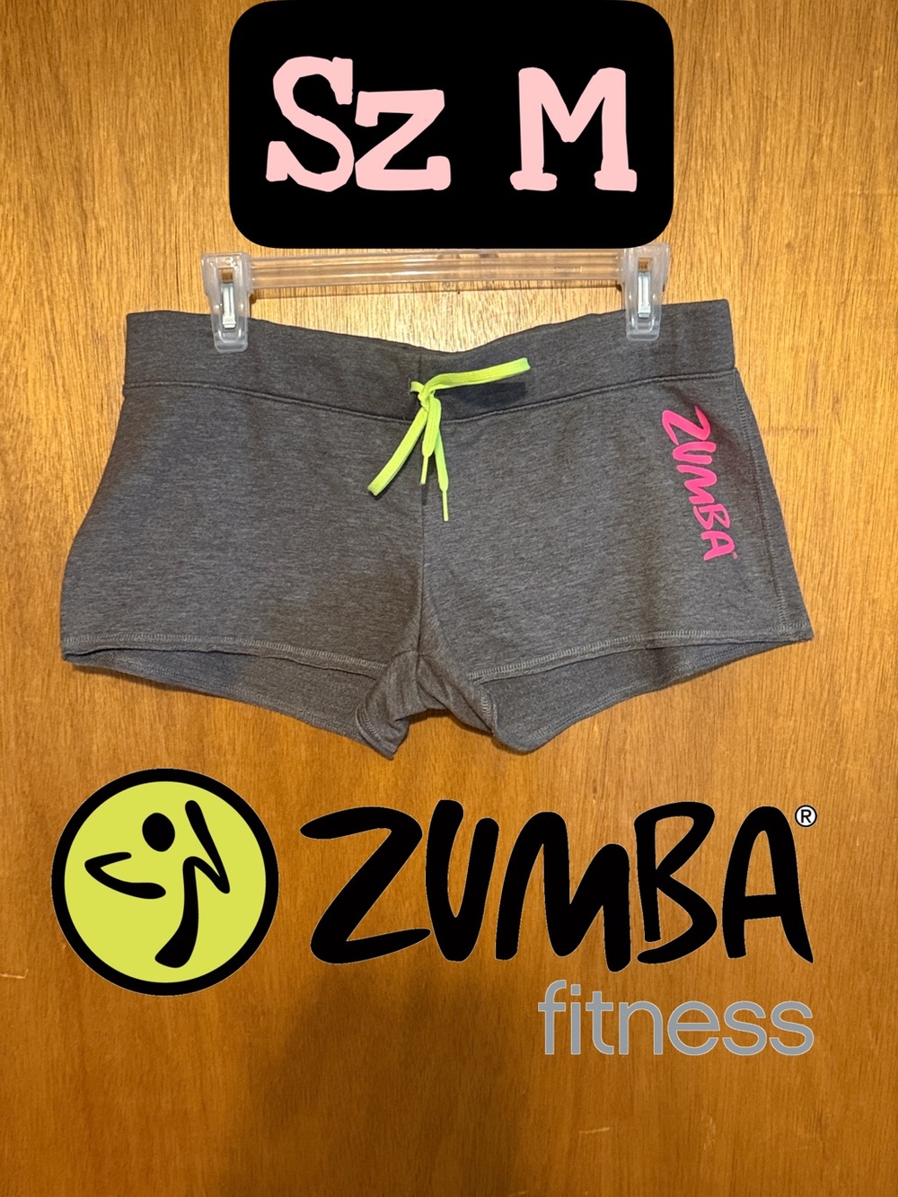 Zumba Fitness Gray Cotton Shorts with Neon Yellow Drawstring and Pink Logo sz M